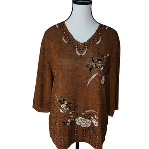 Chic Brown Floral Embroidered Blouse